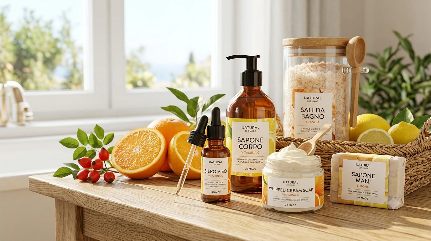Kit prodotti skincare e bodycare alla Vitamina C con olii essenziali di arancia e limone su tavolo in legno luminoso - Pleyas