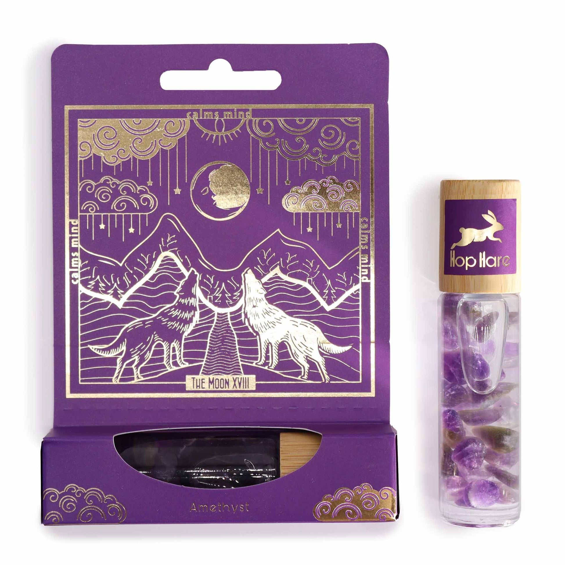 Mix di Oli Essenziali Roll On Hop Hare la Luna con ametista e design elegante in confezione viola.