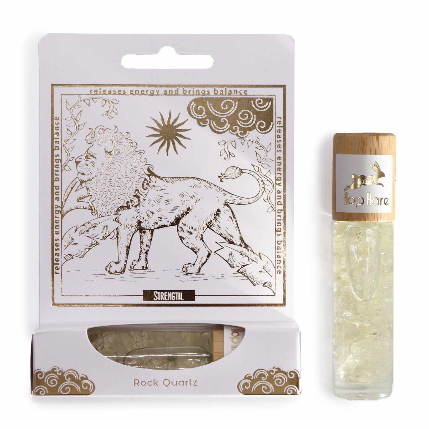 Mix di Oli Essenziali Roll On Hop Hare il Leone con Quarzo di Cristallo e packaging illustrato.