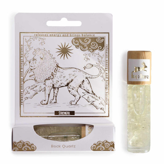 Mix di Oli Essenziali Roll On Hop Hare il Leone con Quarzo di Cristallo e packaging illustrato.