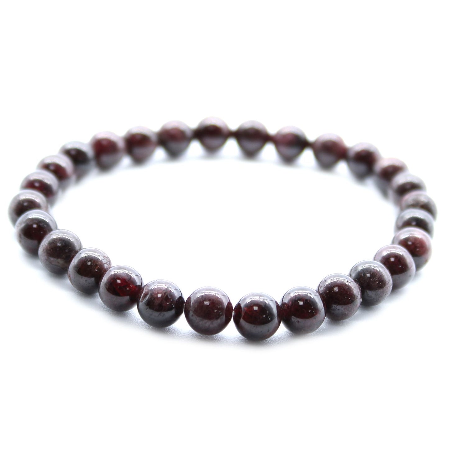 Bracciale energetico granato rosso con perline lucide e colorazione scura, ideale per energia e benessere.