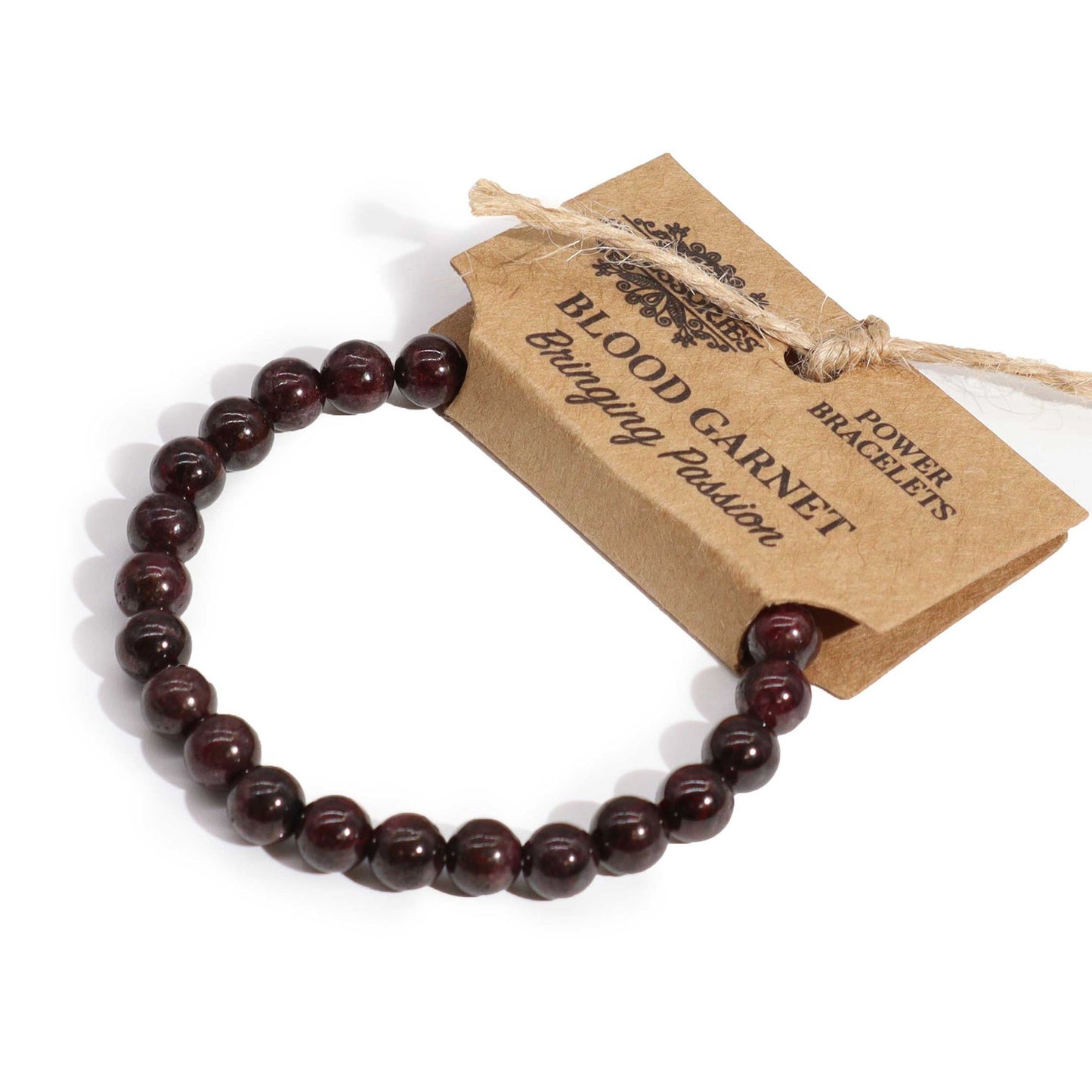 Bracciale energetico granato rosso con etichetta "Blood Garnet" che porta passione.