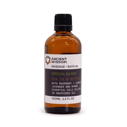 Olio da massaggio speciale A2 Mix 100ml in bottiglia, essenze di rosmarino, zenzero, lavanda e mirra.
